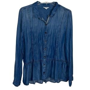 Caslon Shirt Tencel Blue Denim Button Front with Pleated Ruffled Hem Size XL